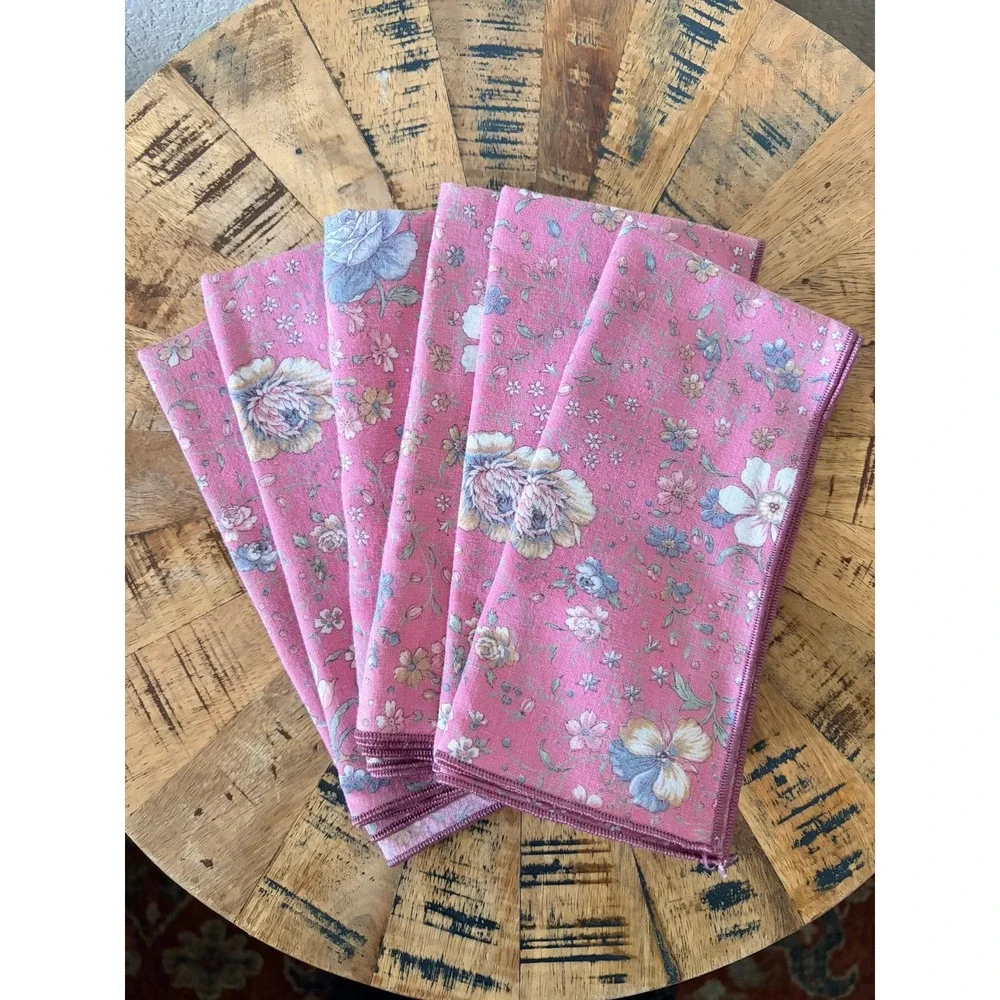Vintage Pink Floral Cloth Napkins Set of 6 Cottagecore‎ Shabby Chic Tableware